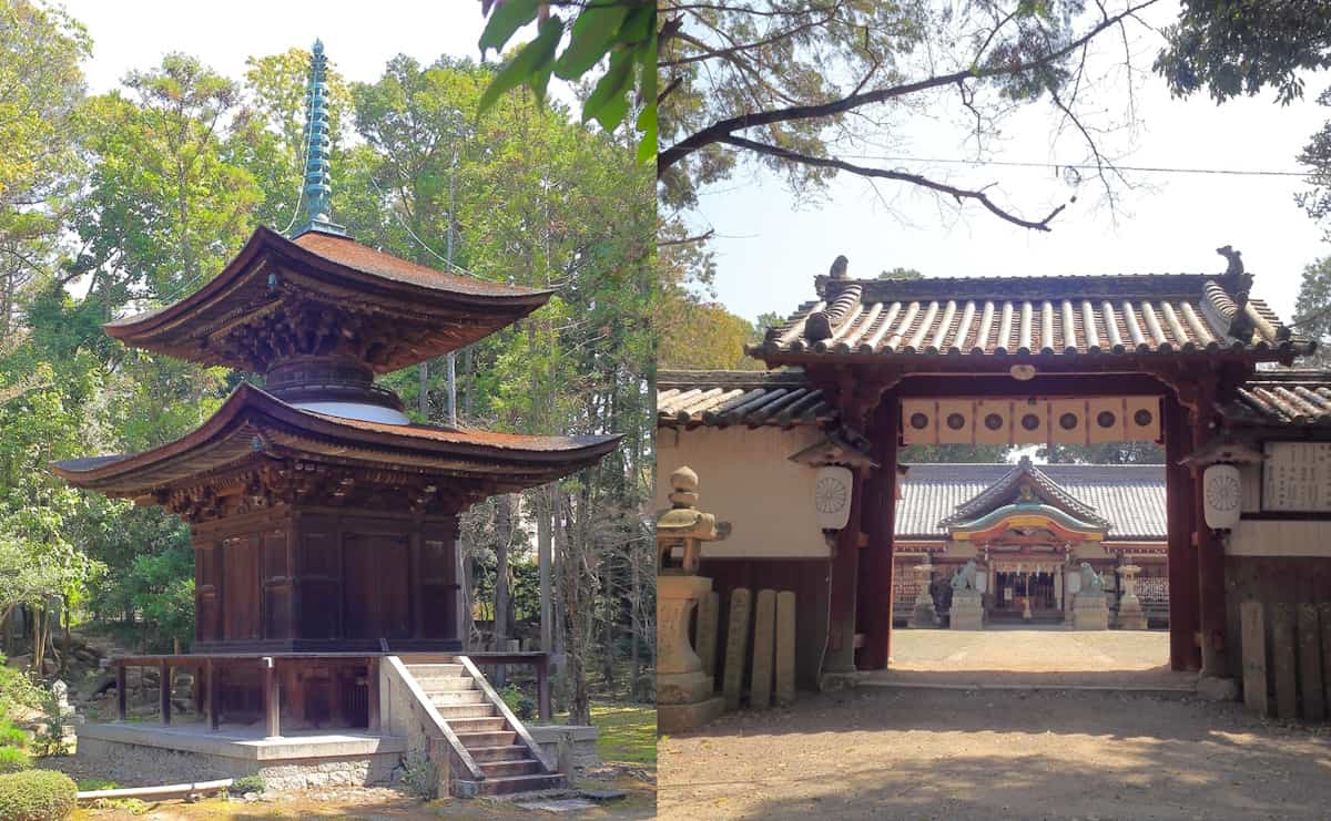 日根神社（右）と、隣接する慈眼院の多宝塔（左）